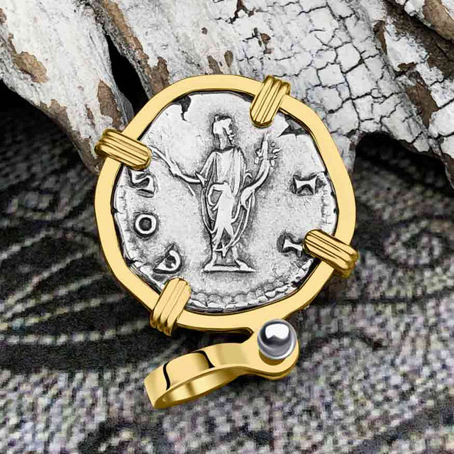 Roman Empire Silver Denarius Coin of Marcus Aurelius, the Philosopher Warrior 145 AD 14K Gold Pendant