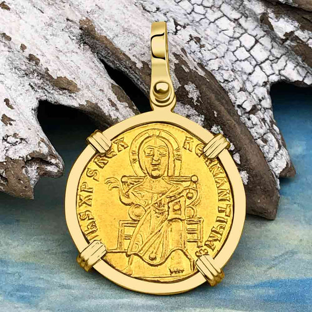 Extremely Rare Byzantine Jesus Christ 24K Gold Solidus Coin Circa 867 AD 18K Gold Pendant
