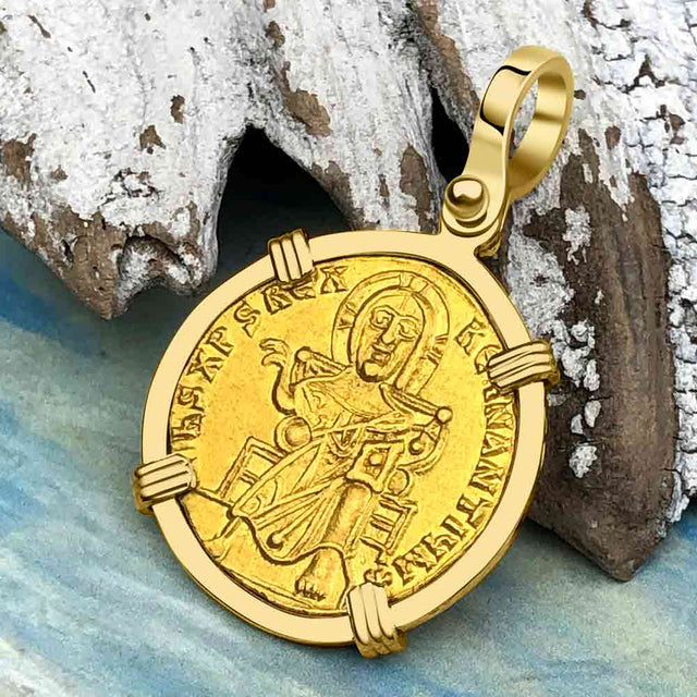 Extremely Rare Byzantine Jesus Christ 24K Gold Solidus Coin Circa 867 AD 18K Gold Pendant