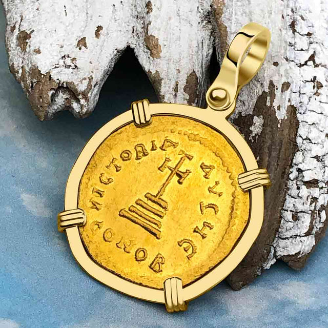 Byzantine Empire Victory Cross 24K Gold Solidus Coin Circa 613 AD in 18K Gold Pendant