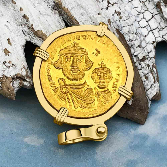 Byzantine Empire Victory Cross 24K Gold Solidus Coin Circa 613 AD in 18K Gold Pendant