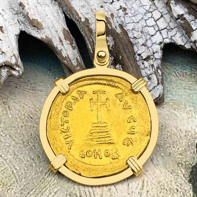 Byzantine Empire Victory Cross 24K Gold Solidus Coin Circa 613 AD in 18K Gold Pendant