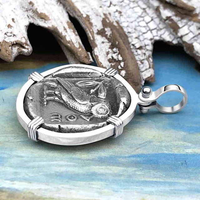 Ancient Greek Athena and the Owl Silver Tetradrachm circa 450 BC Sterling Silver Pendant