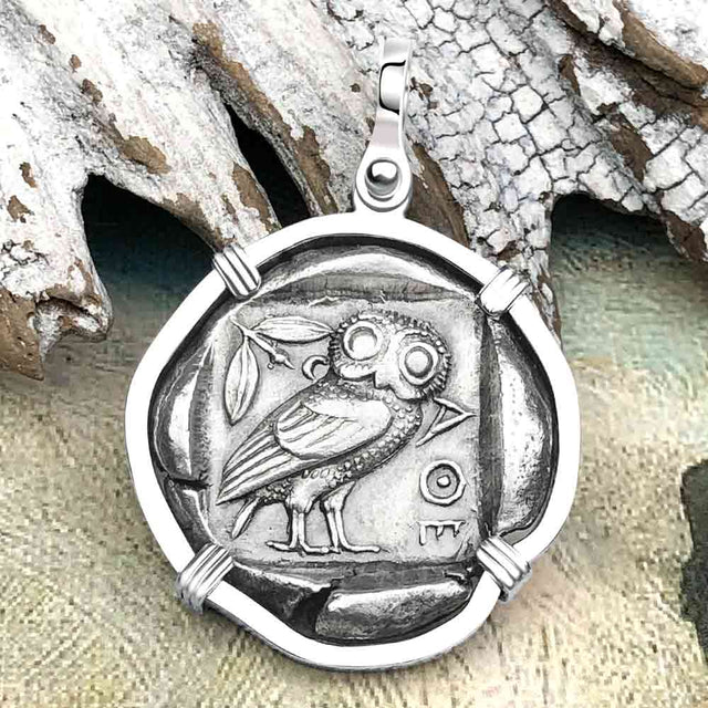 Ancient Greek Athena and the Owl Silver Tetradrachm circa 450 BC Sterling Silver Pendant