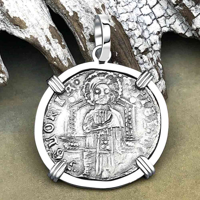 Venetian Jesus Christ Glory, Devotion & Courage Silver 1390 Grosso Coin 14K White Gold Pendant