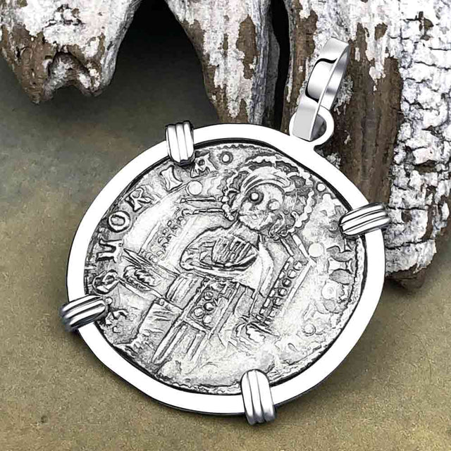 Venetian Jesus Christ Glory, Devotion & Courage Silver 1390 Grosso Coin 14K White Gold Pendant