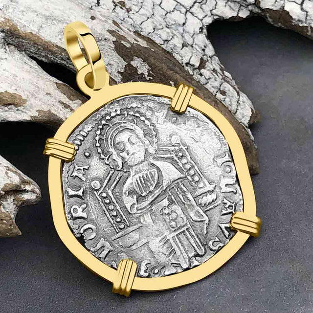 Venetian Jesus Christ Glory, Devotion & Courage Silver 1390 Grosso Coin 14K Gold Pendant