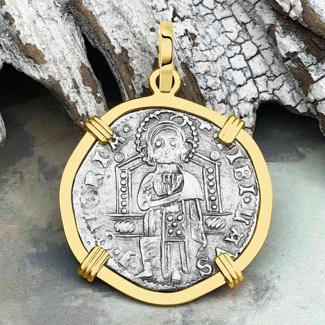 Venetian Jesus Christ Glory, Devotion & Courage Silver 1390 Grosso Coin 14K Gold Pendant