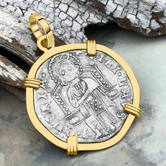 Venetian Jesus Christ Glory, Devotion & Courage Silver 1390 Grosso Coin 14K Gold Pendant