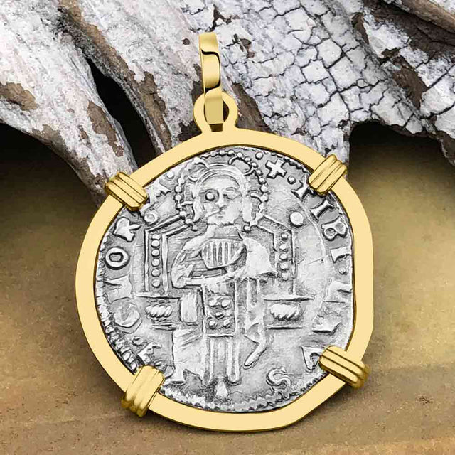 Venetian Jesus Christ Glory, Devotion & Courage Silver 1390 Grosso Coin 14K Gold Pendant