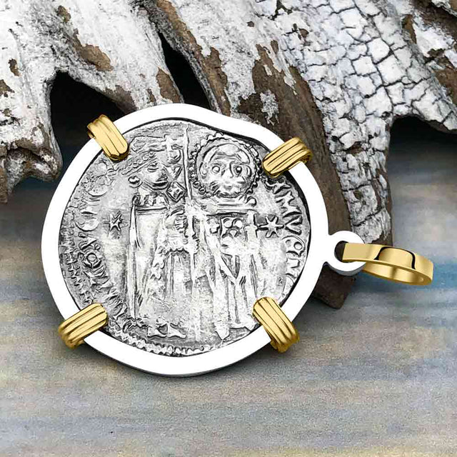 Venetian Jesus Christ Glory, Devotion & Courage Silver 1390 Grosso Coin 14K Gold and Sterling Silver Pendant