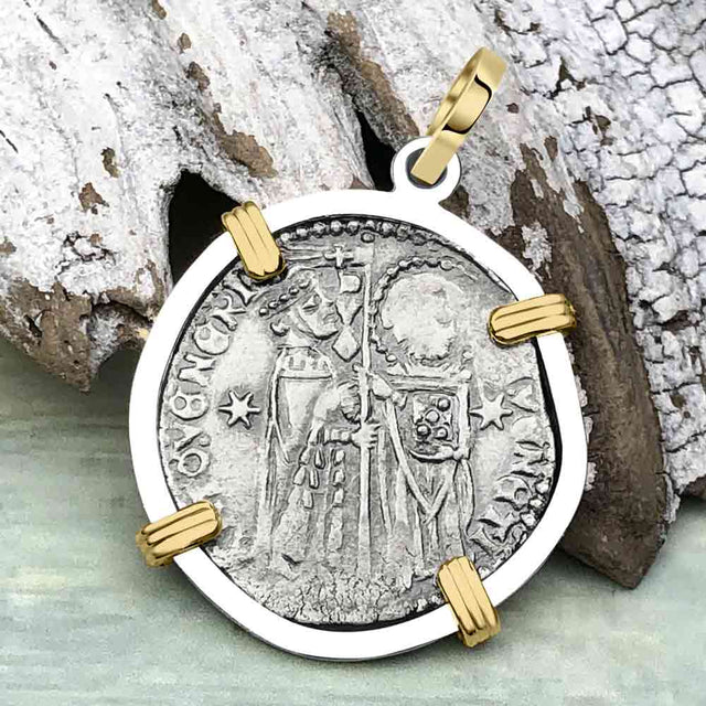 Venetian Jesus Christ Glory, Devotion & Courage Silver 1390 Grosso Coin 14K Gold and Sterling Silver Pendant