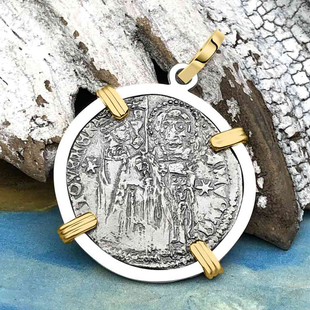 Venetian Jesus Christ Glory, Devotion & Courage Silver 1390 Grosso Coin 14K Gold and Sterling Silver Pendant