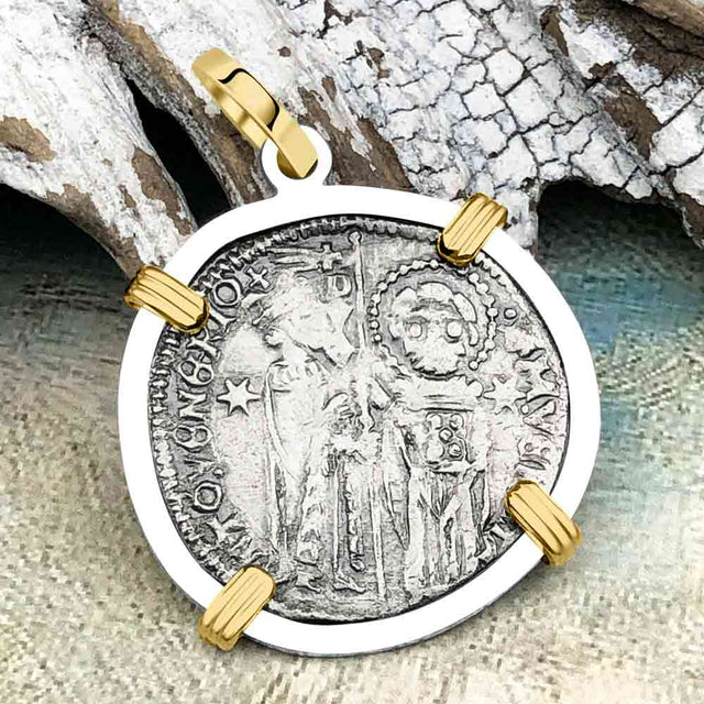 Venetian Jesus Christ Glory, Devotion & Courage Silver Zero-Die Axis 1390 Grosso Coin 14K Gold and Sterling Silver Pendant