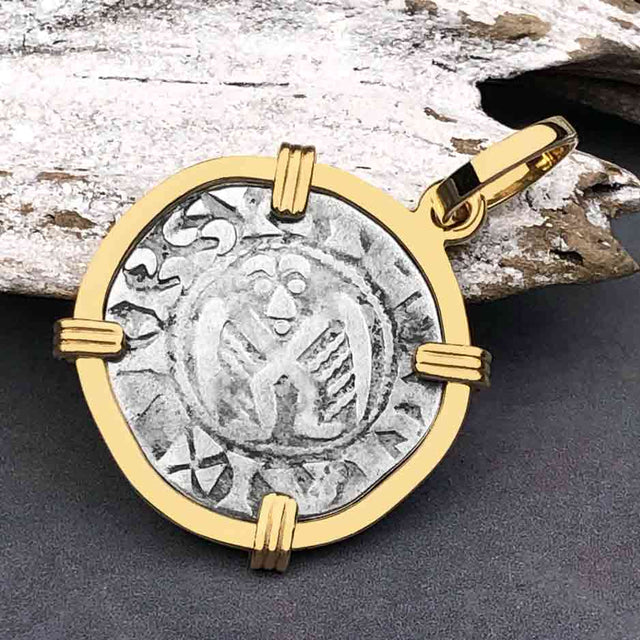 Templar Knights Era French Healing Angel Silver Denier 14K Gold Pendant