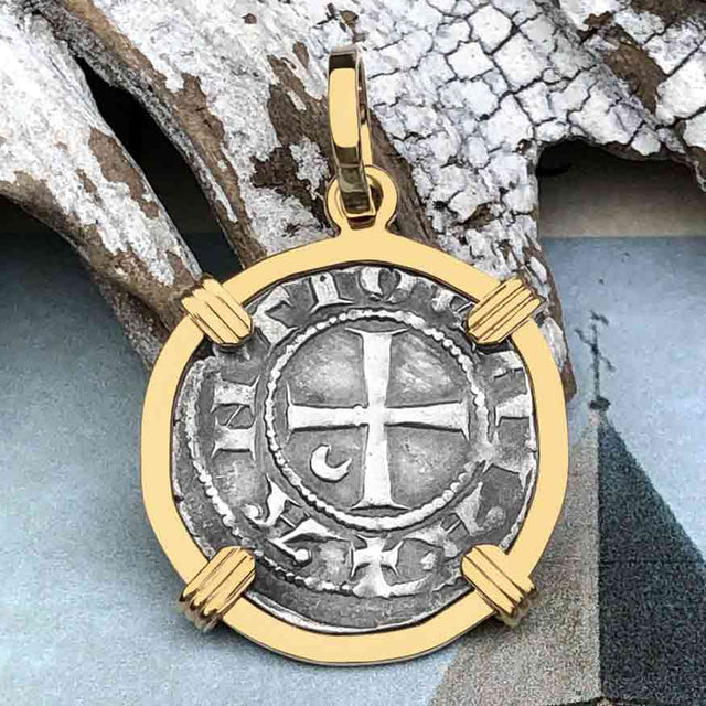 Templar Knights Era Antioch Crusader Medieval Silver Denier - Helmet Head - Coin of the Crusades 14K Gold Pendant