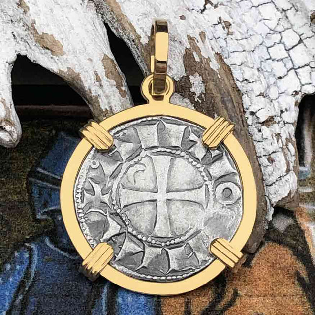 Templar Knights Era Antioch Crusader Medieval Silver Denier - Helmet Head - Coin of the Crusades 14K Gold Pendant