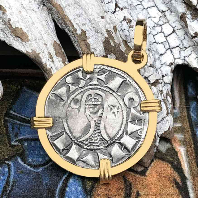 Templar Knights Era Antioch Crusader Medieval Silver Denier - Helmet Head - Coin of the Crusades 14K Gold Pendant