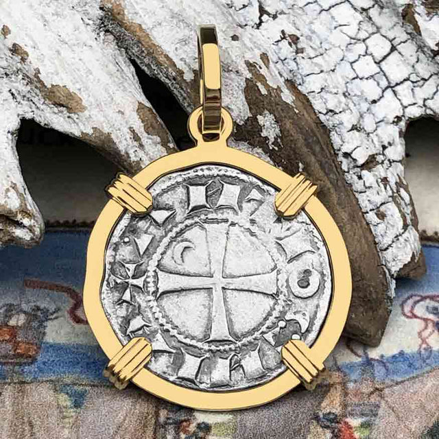Templar Knights Era Antioch Crusader Medieval Silver Denier - Helmet Head - Coin of the Crusades 14K Gold Pendant