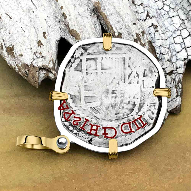 Atocha Era Buried Spanish 2 Reale Piece of Eight 14K Gold and Sterling Silver Pendant