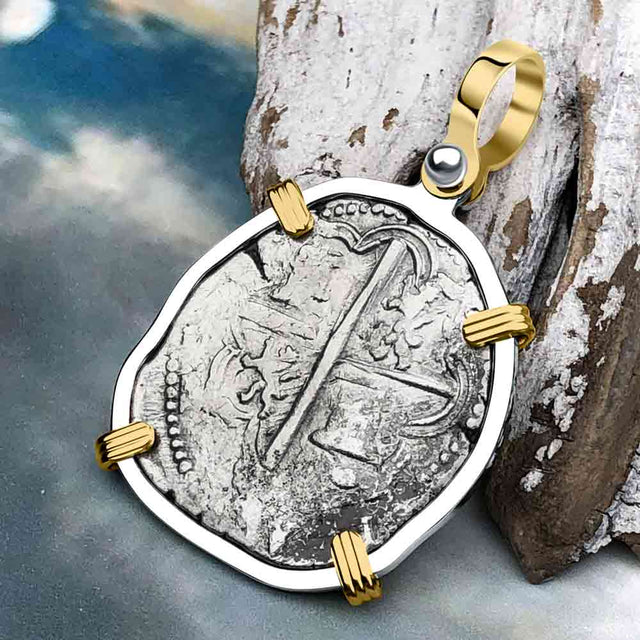 Atocha Era Buried Spanish 2 Reale Piece of Eight 14K Gold and Sterling Silver Pendant