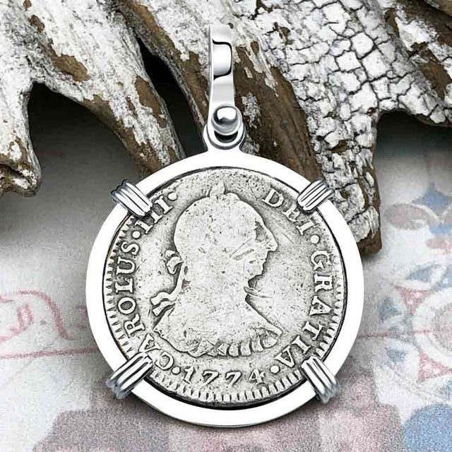 1774 Silver 1 Reale Spanish Portrait Piece of 8 Sterling Silver Pendant