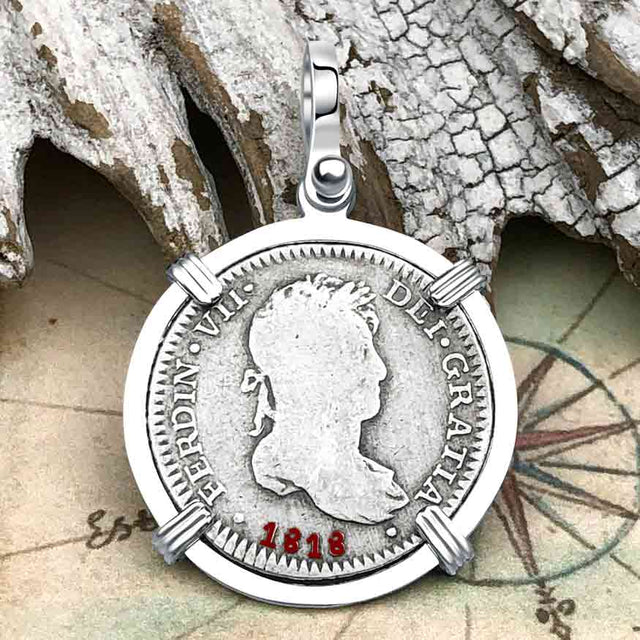 1818 Silver 1 Reale Spanish Portrait Piece of 8 Sterling Silver Pendant