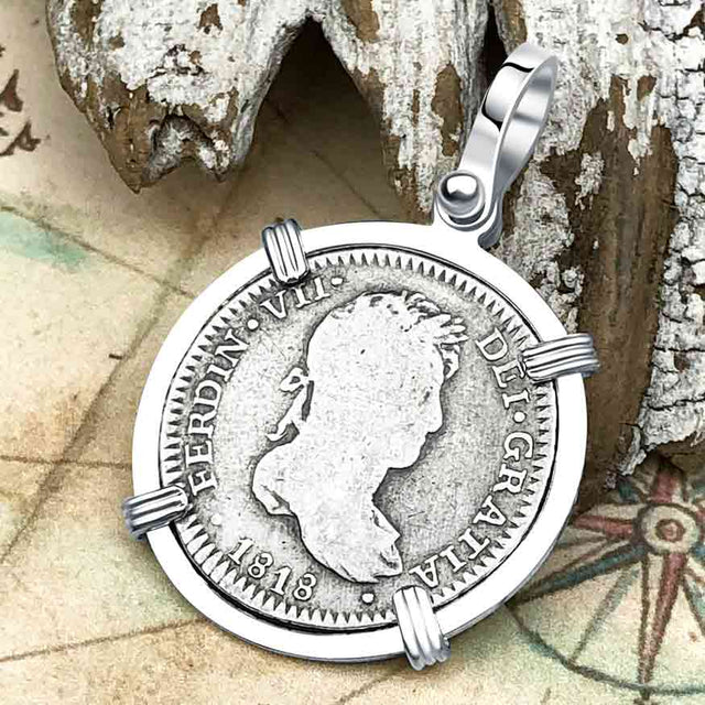 1818 Silver 1 Reale Spanish Portrait Piece of 8 Sterling Silver Pendant