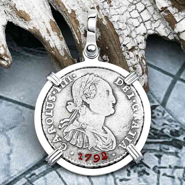 1792 Silver 1 Reale Spanish Portrait Piece of 8 Sterling Silver Pendant