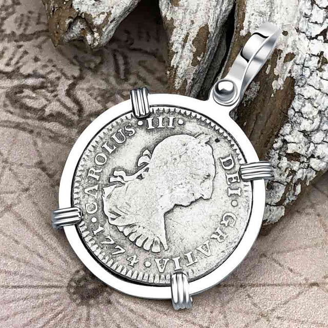 1774 Silver 1 Reale Spanish Portrait Piece of 8 Sterling Silver Pendant