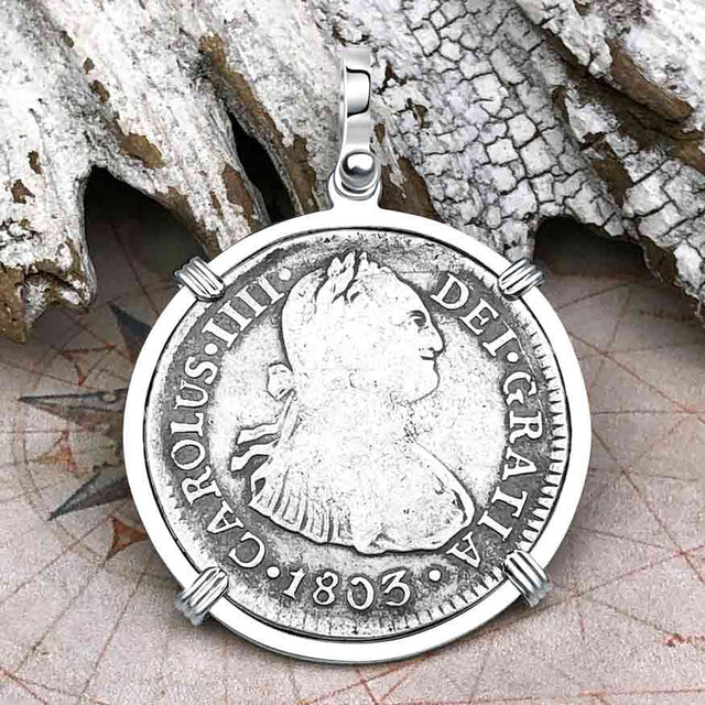 1803 Pirate Era Silver 2 Reale Spanish Portrait Piece of 8 Sterling Silver Pendant