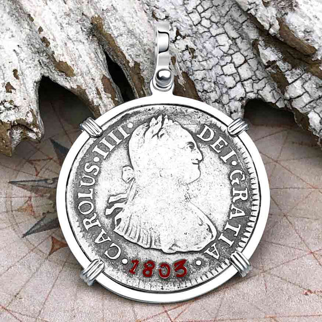 1803 Pirate Era Silver 2 Reale Spanish Portrait Piece of 8 Sterling Silver Pendant