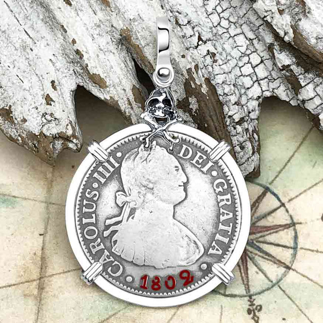 1802 Pirate Era Skull and Cross Bones Silver 2 Reale Spanish Portrait Piece of 8 Sterling Silver Pendant