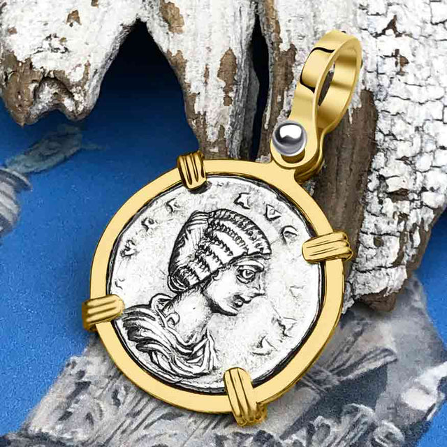 Roman Empire Silver Denarius Coin of Empress Julia Domna 198 AD 14K Gold Pendant | Artifact #5885