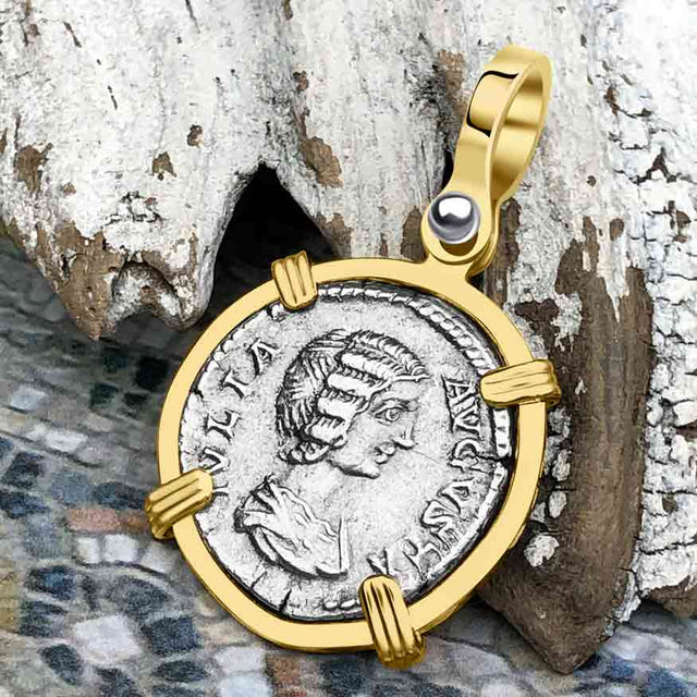 Roman Empire Silver Denarius Coin of Empress Julia Domna 196 AD 14K Gold Pendant