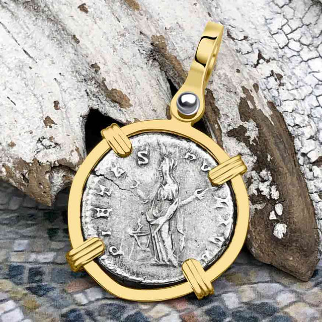 Roman Empire Silver Denarius Coin of Empress Julia Domna 196 AD 14K Gold Pendant