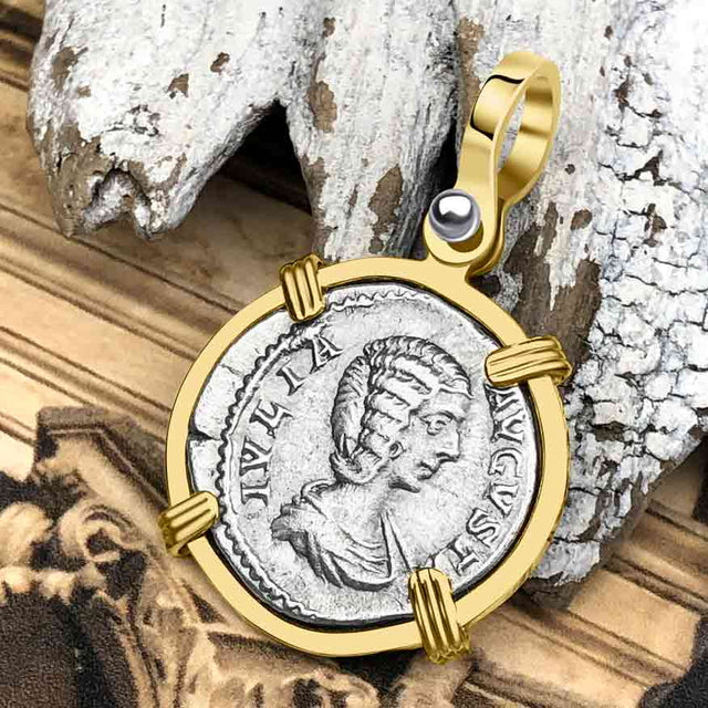 Roman Empire Silver Denarius Coin of Empress Julia Domna 196 AD 14K Gold Pendant | Artifact #5887
