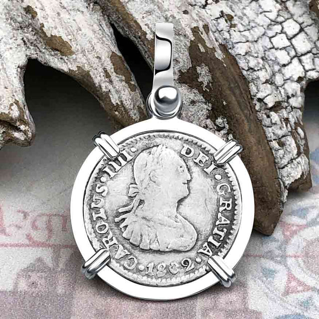 1802 Pirate Era Silver 1/2 Reale Spanish Portrait Piece of 8 Sterling Silver Pendant
