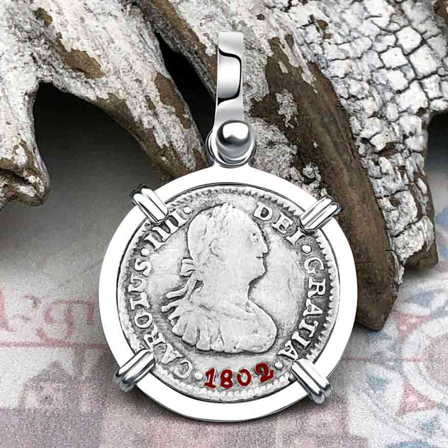 1802 Pirate Era Silver 1/2 Reale Spanish Portrait Piece of 8 Sterling Silver Pendant
