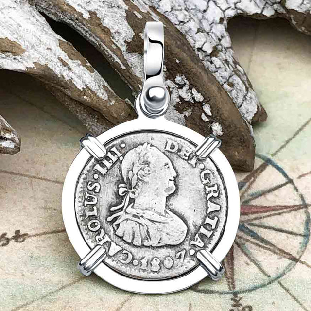 1807 Pirate Era Silver 1/2 Reale Spanish Portrait Piece of 8 Sterling Silver Pendant