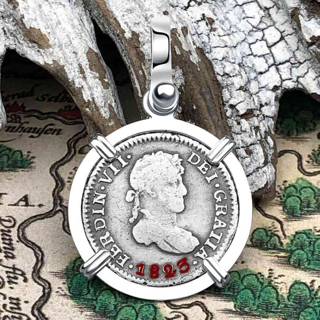 1823 Pirate Era Silver 1/2 Reale Spanish Portrait Piece of 8 Sterling Silver Pendant