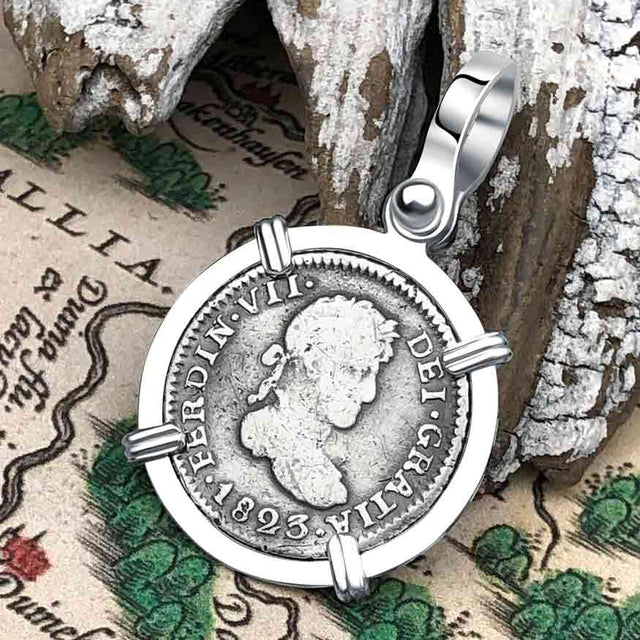 1823 Pirate Era Silver 1/2 Reale Spanish Portrait Piece of 8 Sterling Silver Pendant
