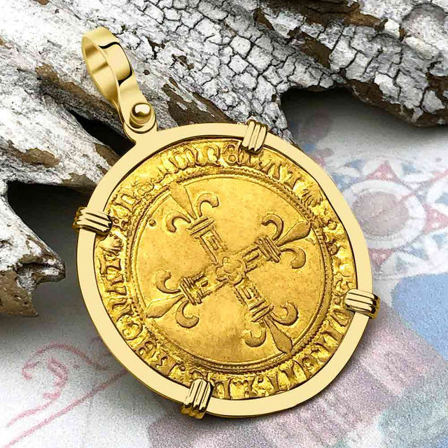Medieval France Royal 22K Gold Ecu d'or Cross Coin Louis XII circa 1498 18K Gold Pendant