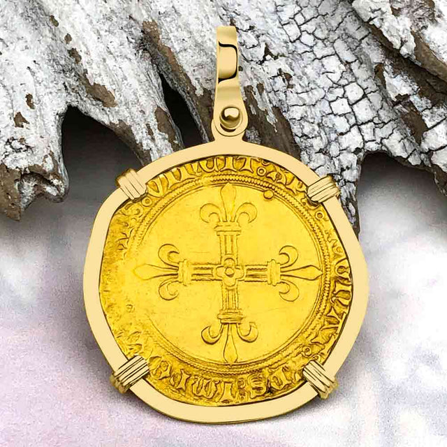 Medieval France Royal 22K Gold Ecu d'or au Soleil Cross Coin Charles VIII circa 1483 18K Gold Pendant