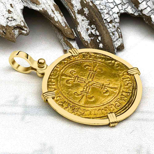 Medieval France Royal 22K Gold Ecu d'or Cross Coin Louis XII circa 1498 18K Gold Pendant