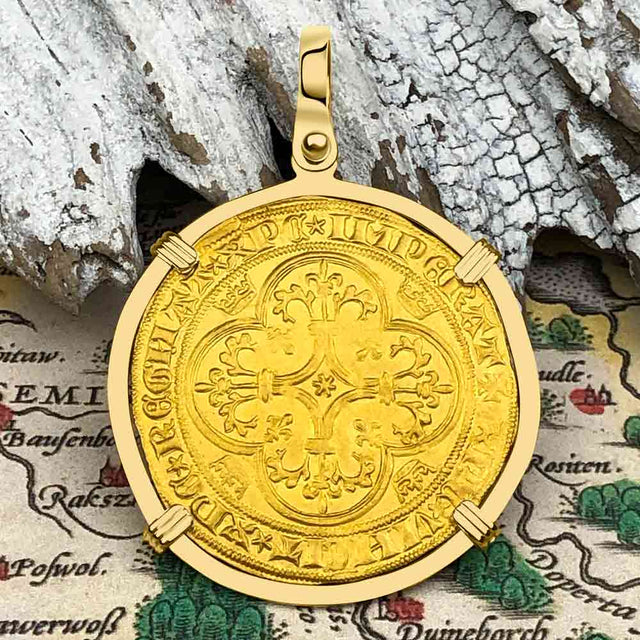 Medieval France Royal 22K Gold Ecu d'or Cross Coin of Charles VI circa 1380 18K Gold Pendant