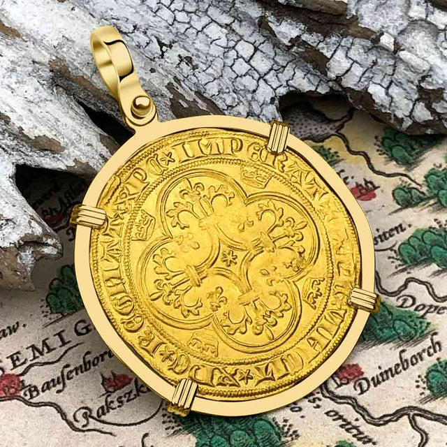 Medieval France Royal 22K Gold Ecu d'or Cross Coin of Charles VI circa 1380 18K Gold Pendant