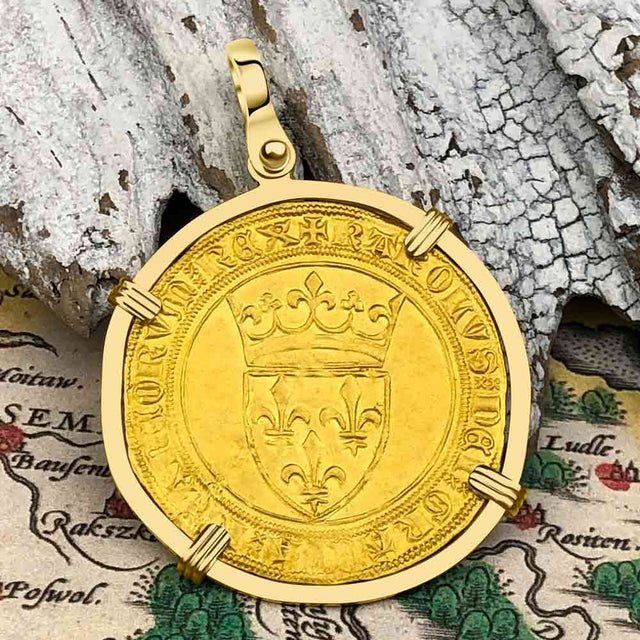 Medieval France Royal 22K Gold Ecu d'or Cross Coin of Charles VI circa 1380 18K Gold Pendant