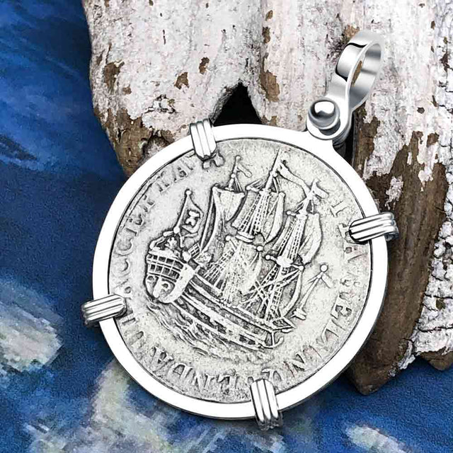 Dutch East India Company 1767 Silver 6 Stuiver Ship Shilling "I Struggle and Survive" Sterling Silver Pendant