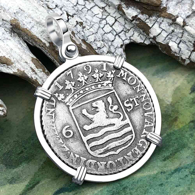 Dutch East India Company 1791 Silver 6 Stuiver Ship Shilling "I Struggle and Survive" Sterling Silver Pendant